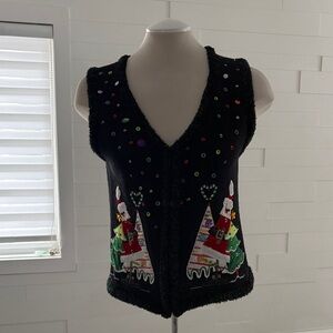 Small Festive Black Holiday Vest with Santa and Tree Design